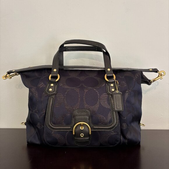 Coach Campbell Navy Blue Black Metallic C Signature Jacquard Large Satchel - Picture 1 of 11